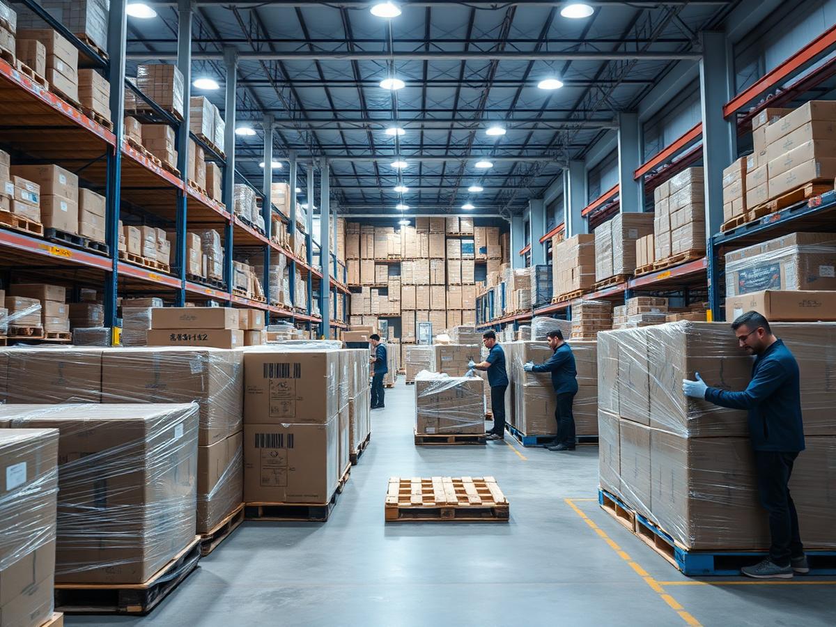 Workers palletising and wrapping cartons in a consolidation warehouse