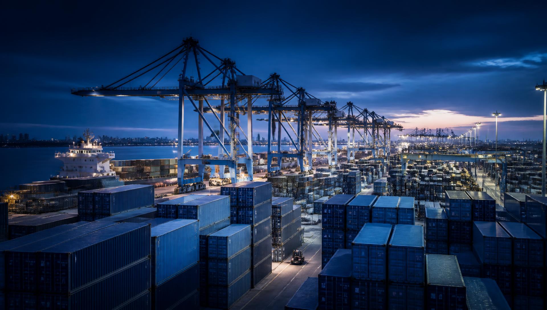 Container terminal in southern China at dusk